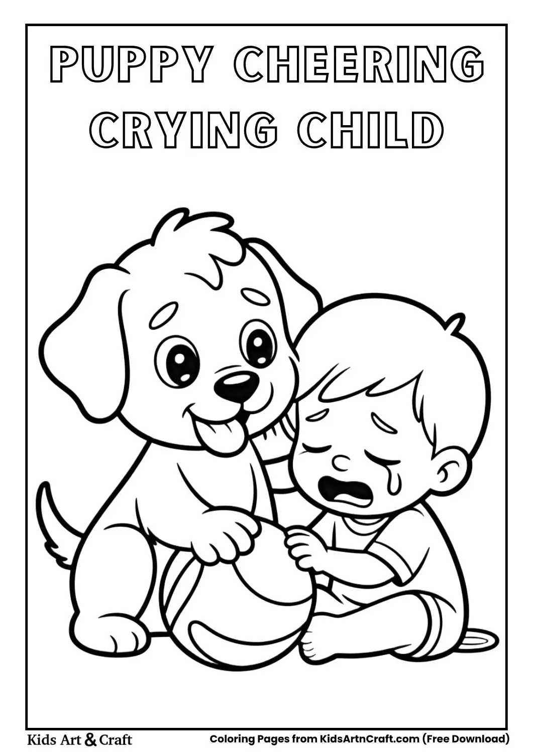 Cute puppy bringing a toy ball to a crying child black and white coloring page for kids