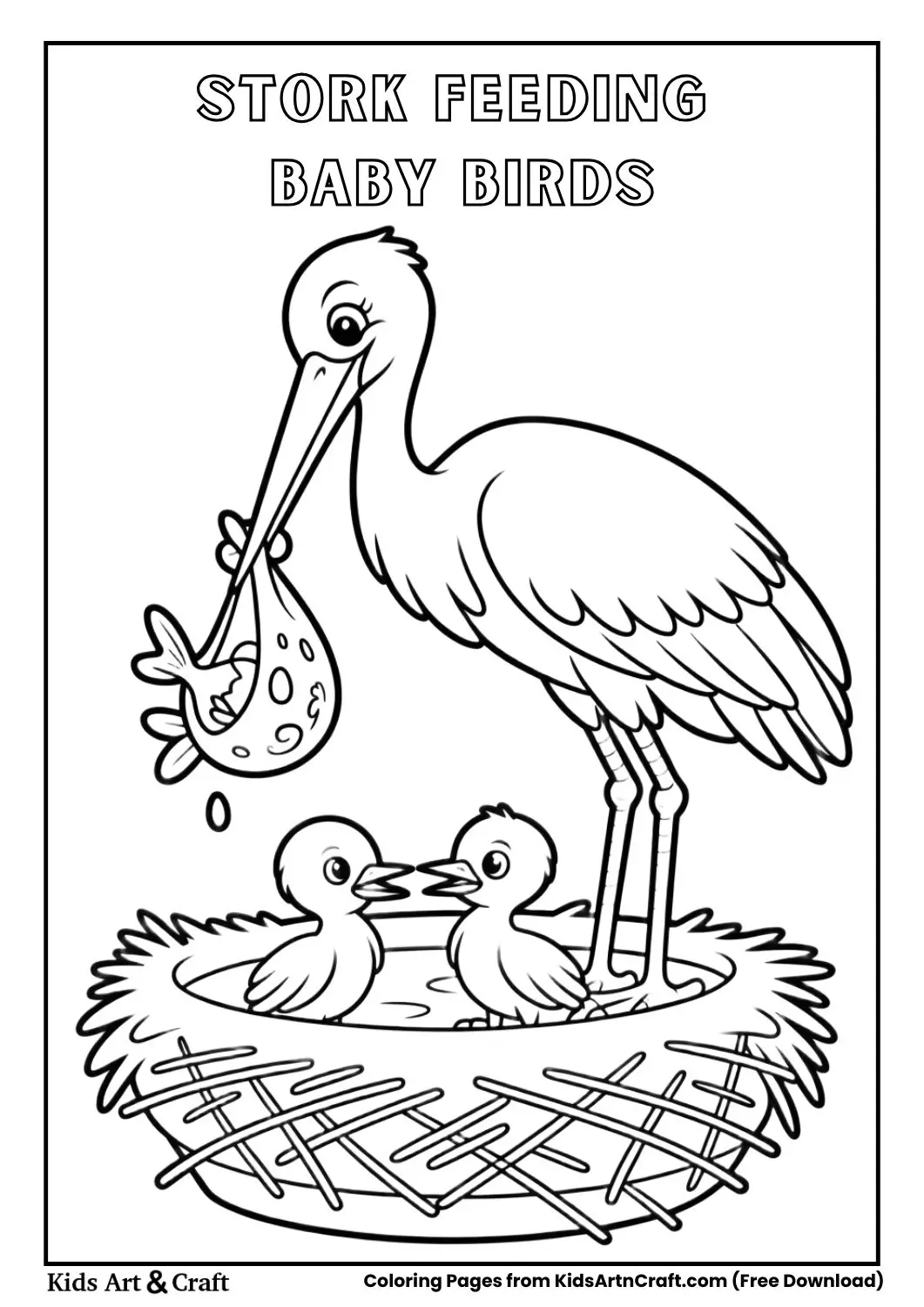 Stork feeding baby storks in rooftop nest coloring page black and white
