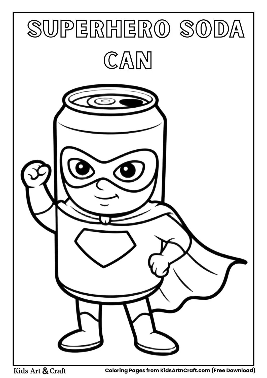 cartoon soda can superhero with cape and mask black and white coloring page