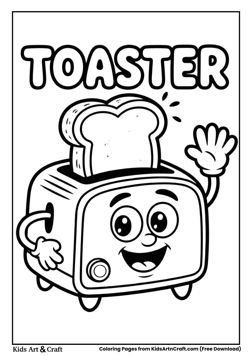 Cartoon toaster black and white coloring page with the word TOASTER on top