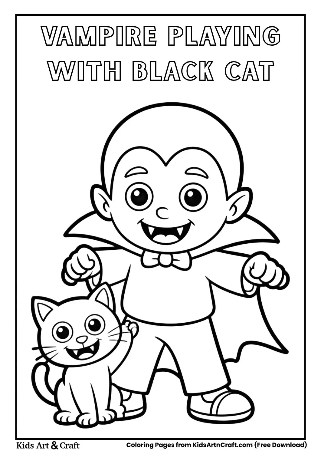 Vampire kid playing with black cat Halloween coloring page