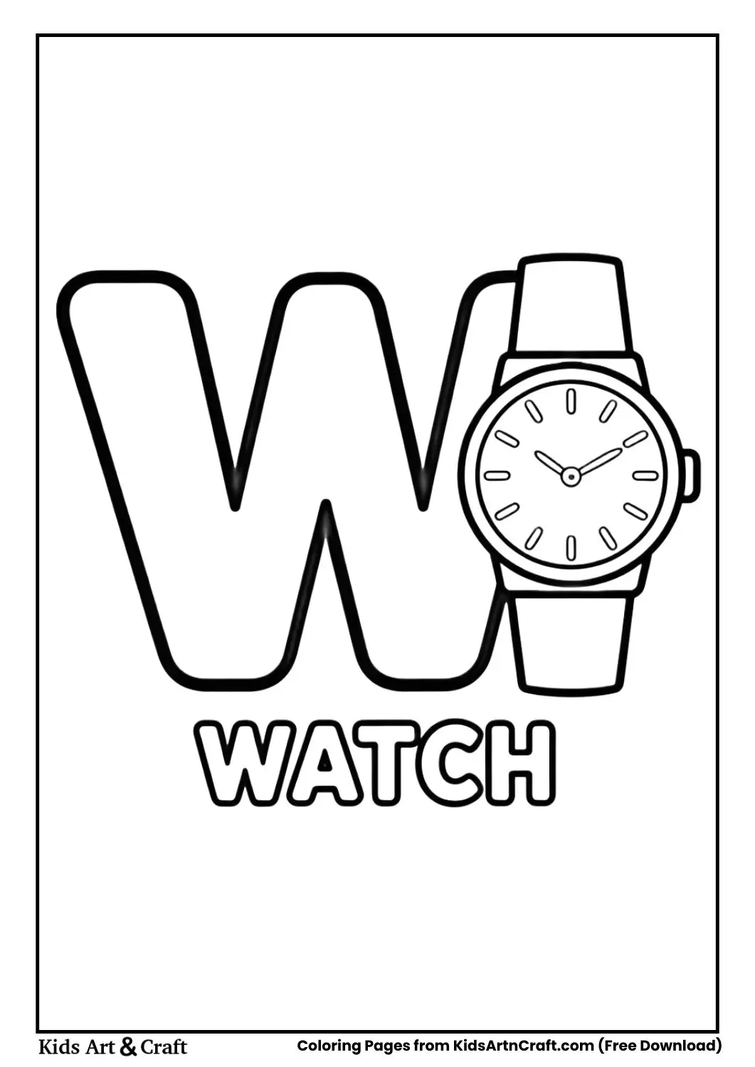 W for Watch coloring page with wristwatch illustration