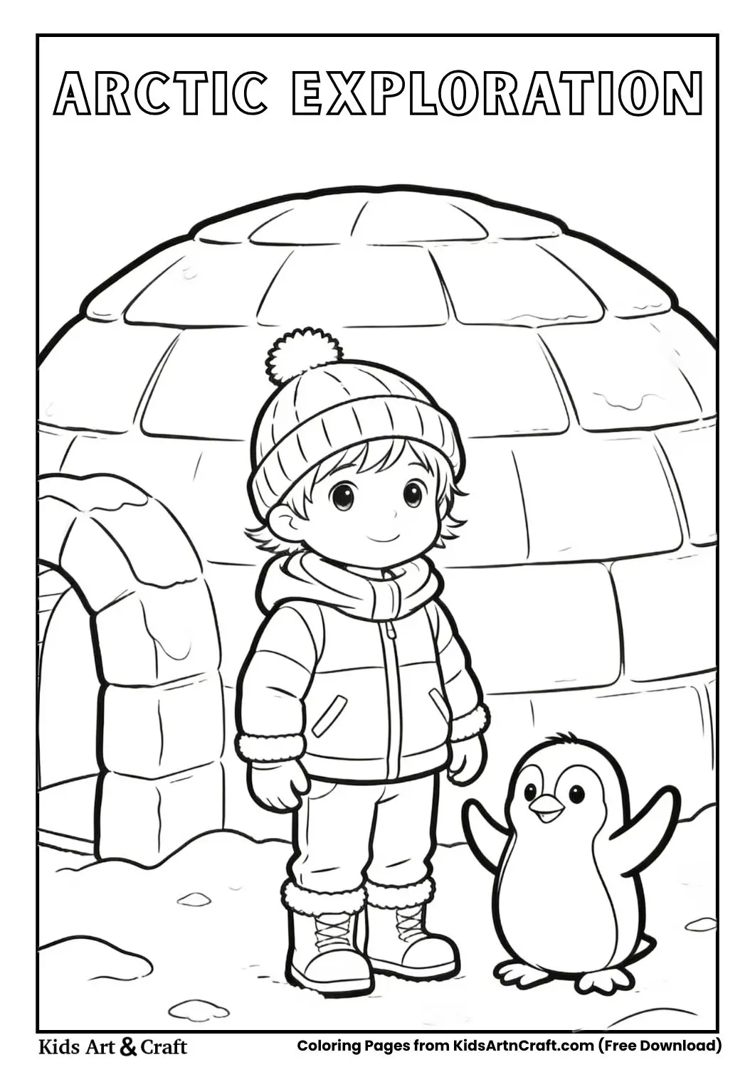 Child in winter clothes near igloo outline drawing.