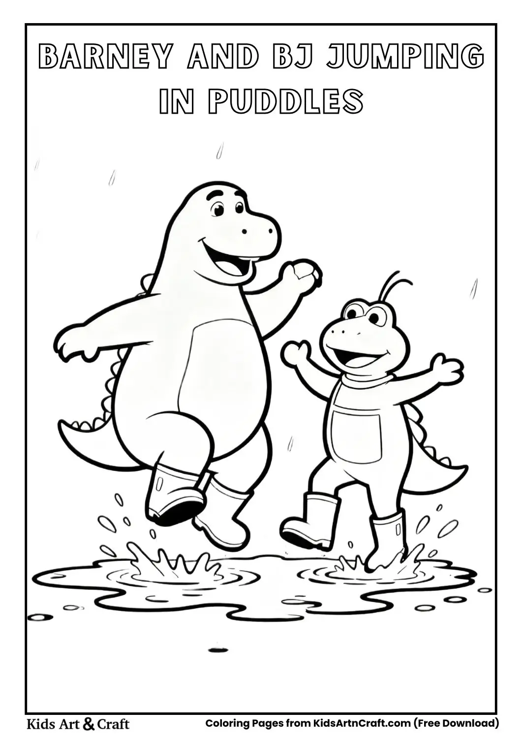 Barney and BJ jumping in rain puddles cartoon coloring page