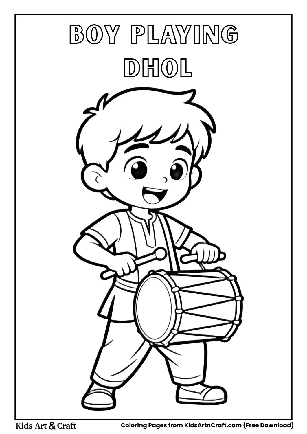 Boy playing dhol drum Navratri coloring page