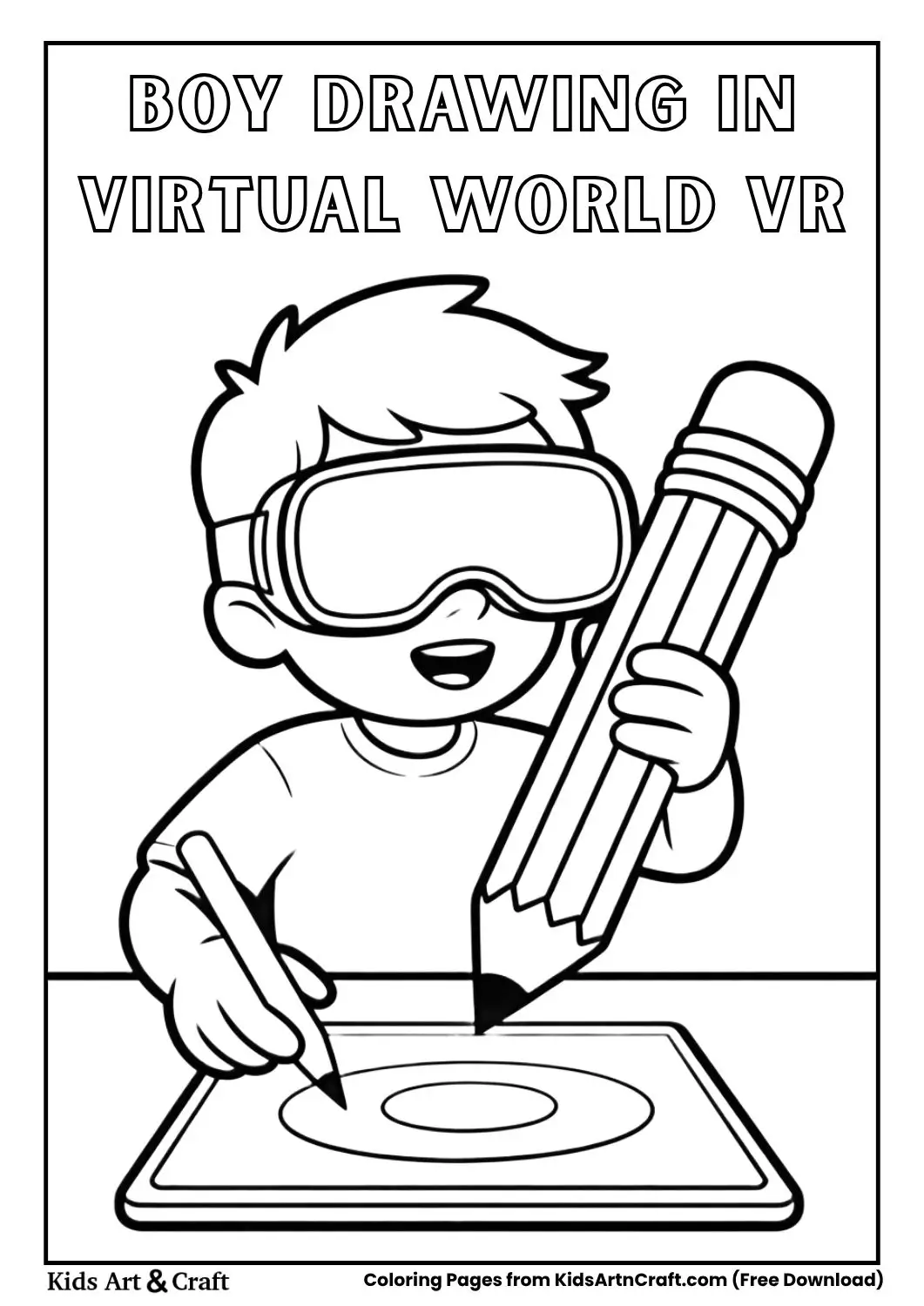 boy wearing VR goggles drawing in virtual world coloring page black and white