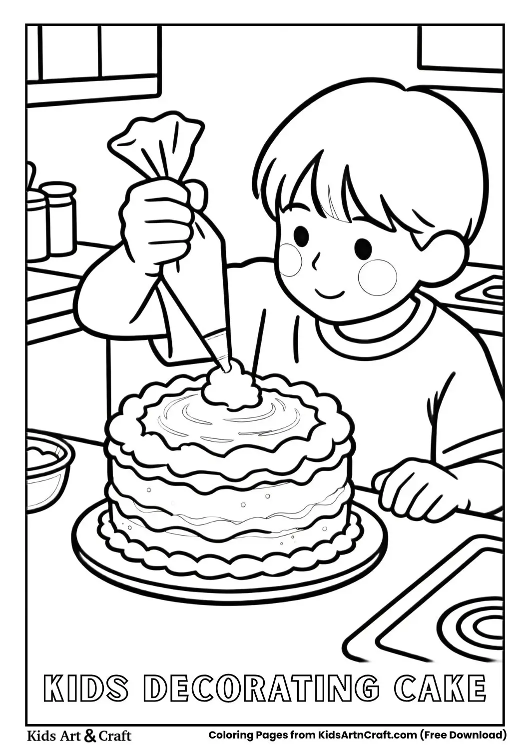 Black and white coloring page of a child decorating a cake with frosting