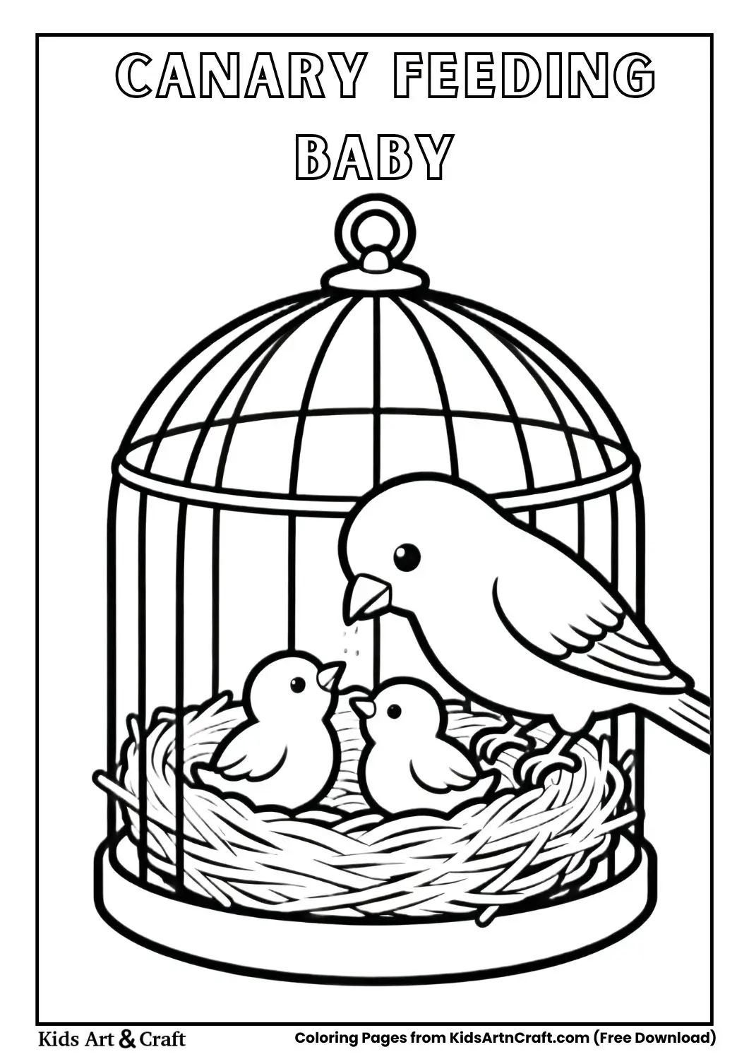 Canary feeding baby canaries in nest coloring page simple line art
