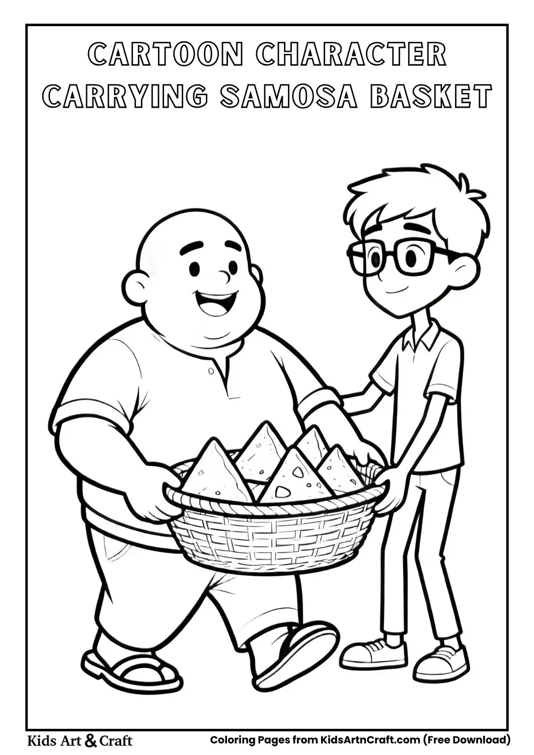 cartoon character carrying basket of samosas friend helping coloring page