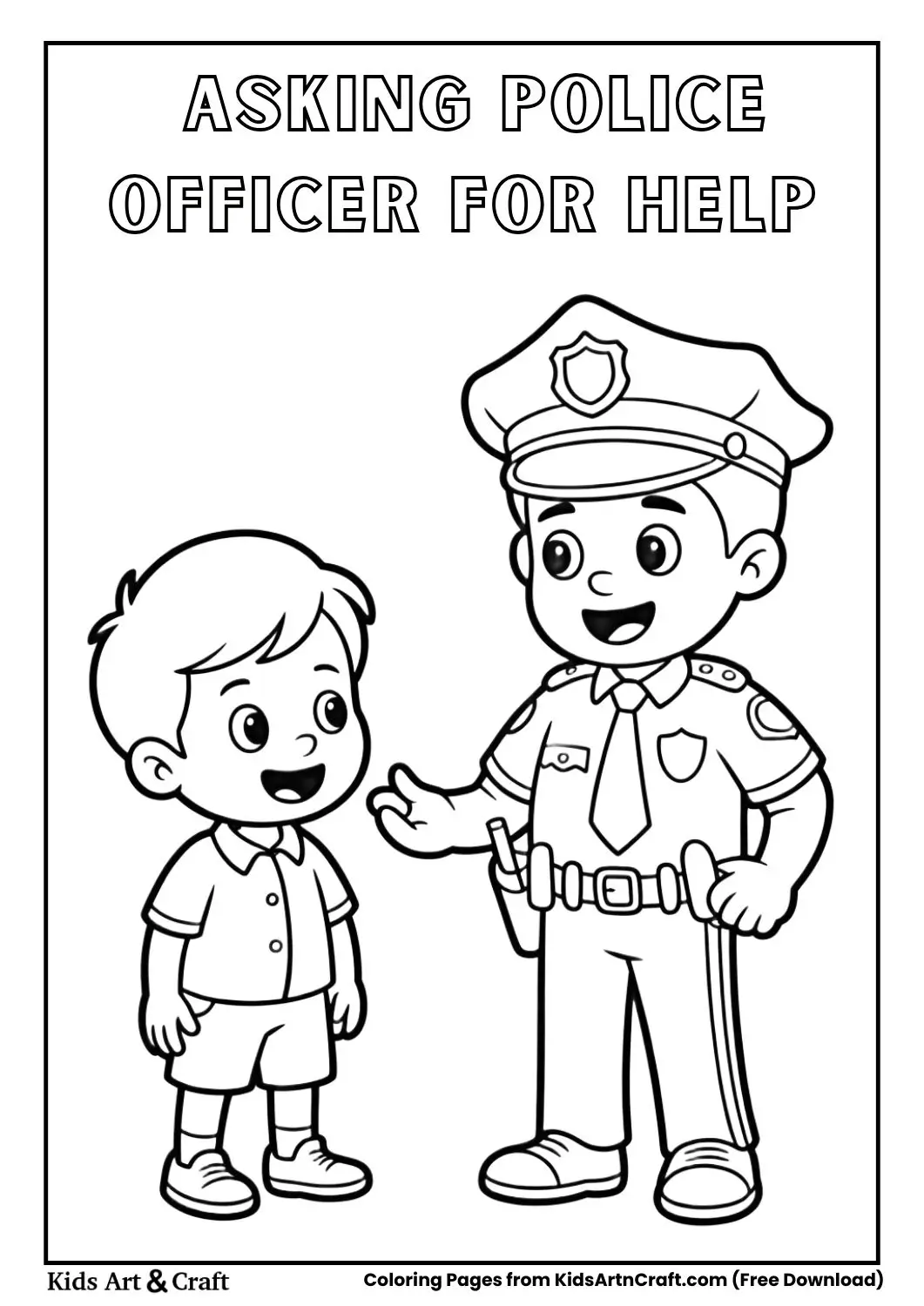 child talking to police officer for help coloring page