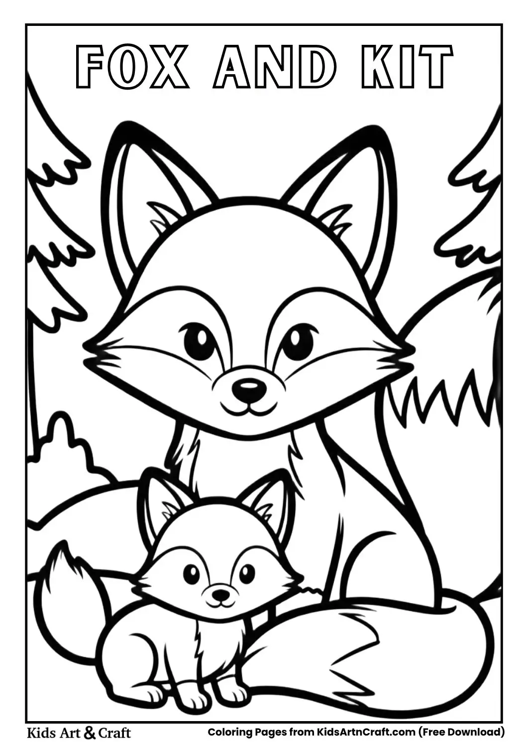 fox with baby fox forest coloring page