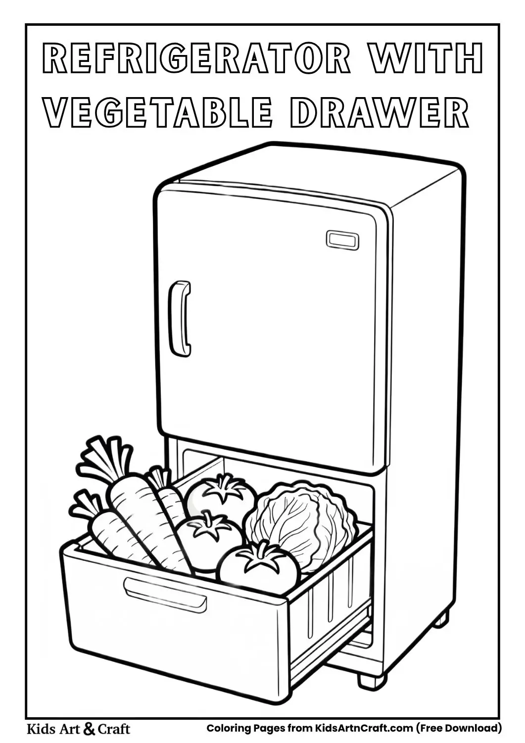 refrigerator with big vegetable drawer carrot tomato cabbage coloring page