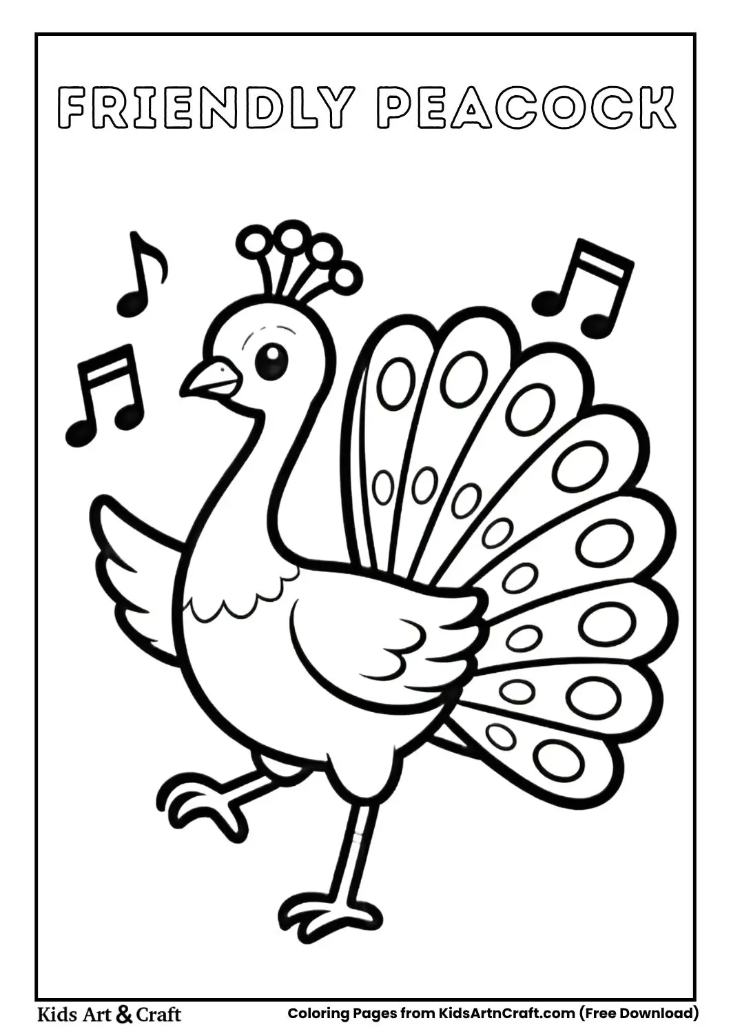 Friendly peacock with big eyes cartoon coloring page