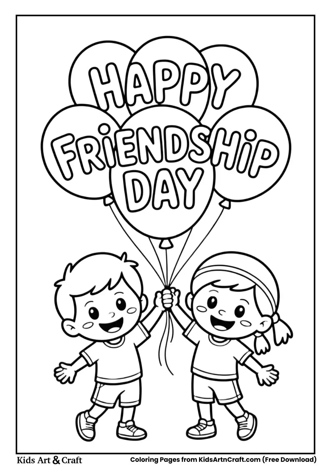 kids releasing balloons happy friendship day coloring page
