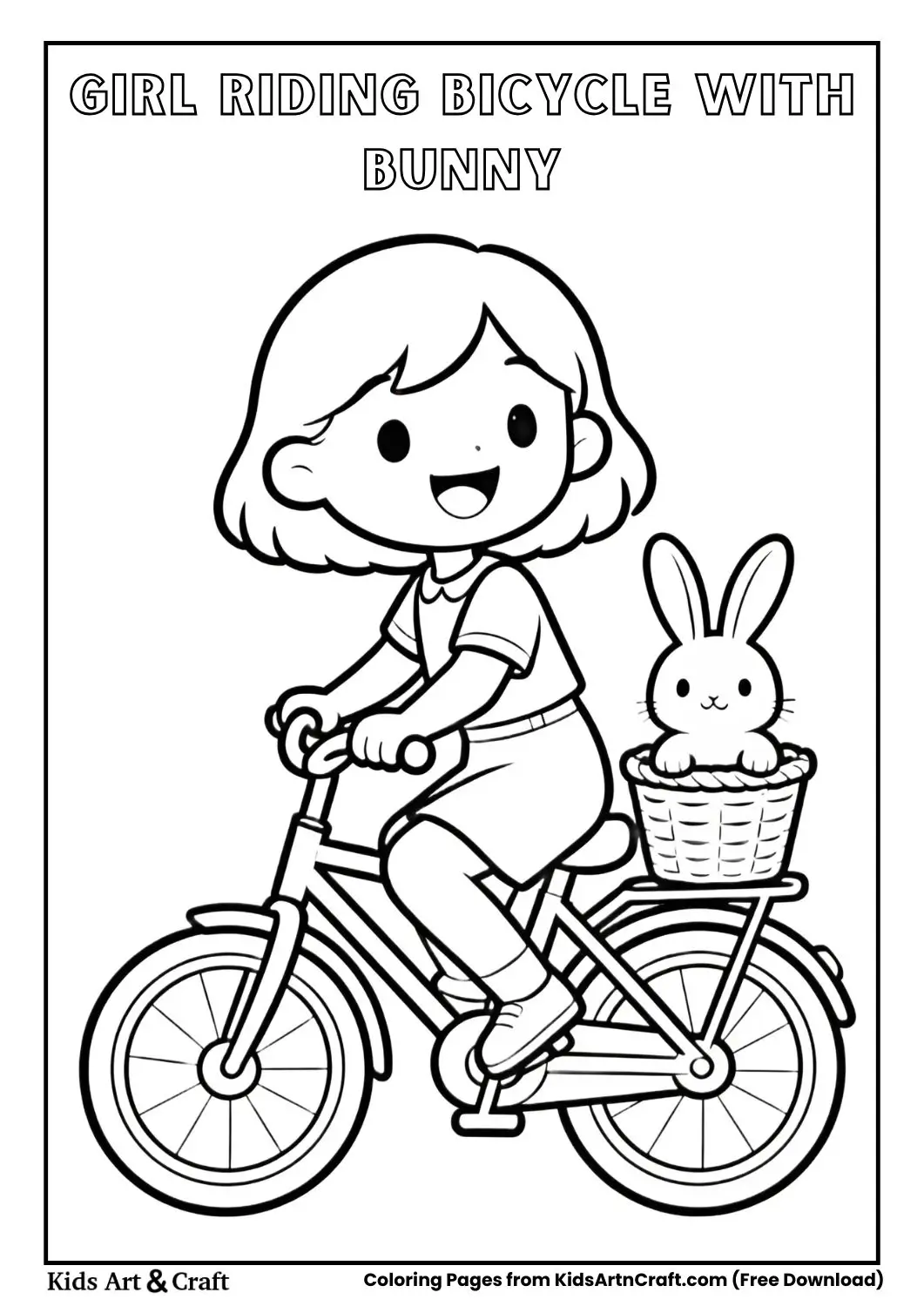 Girl riding bicycle with bunny sitting in basket coloring page