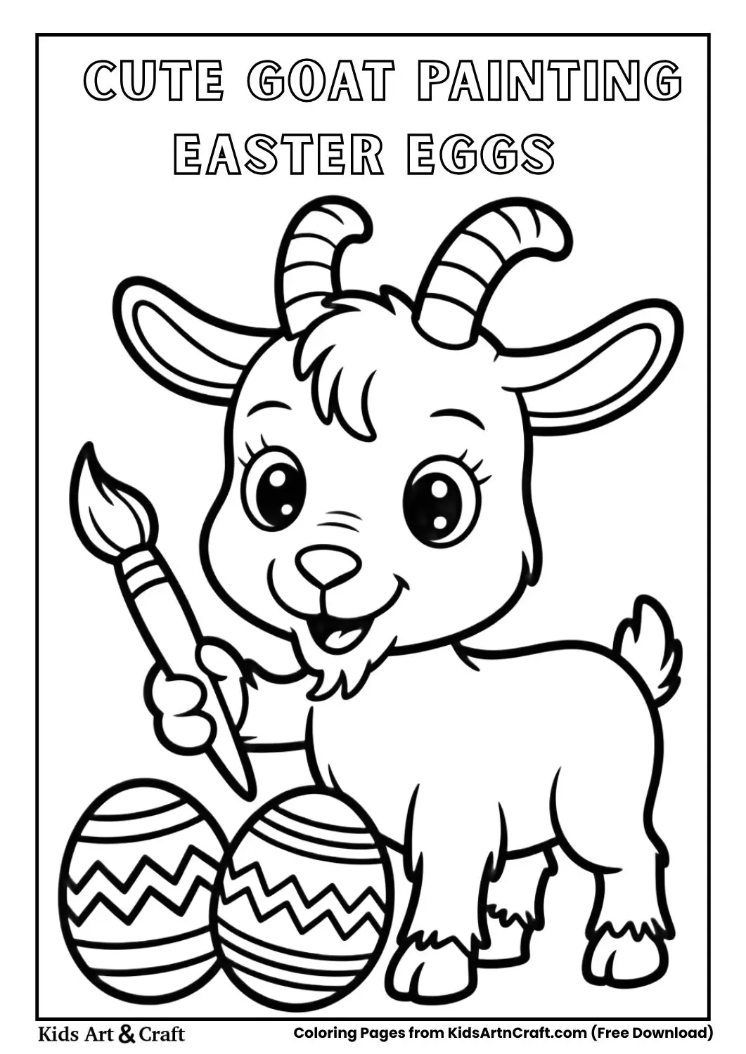 cartoon goat painting easter eggs black and white coloring page