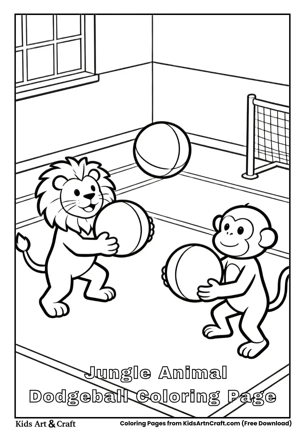 Lions and monkeys playing dodgeball in simple gym scene