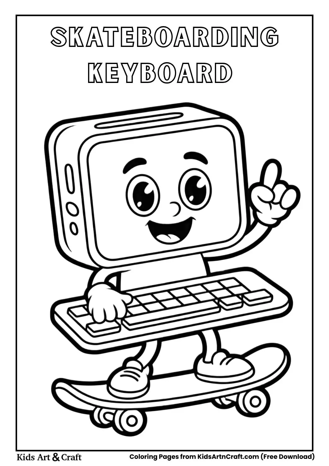 Funny keyboard riding skateboard cartoon coloring page