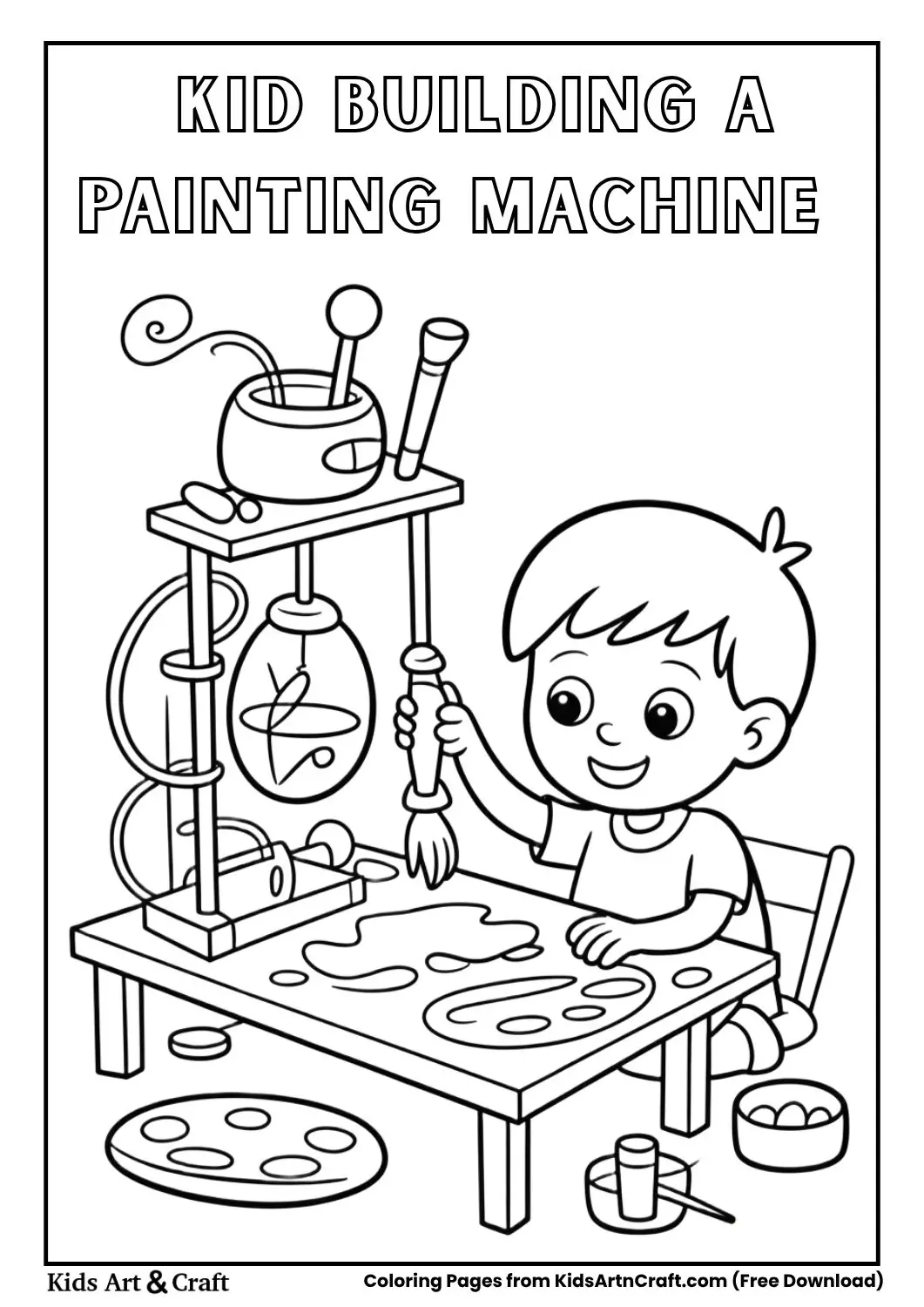 Child inventing a machine that paints pictures coloring page for kids