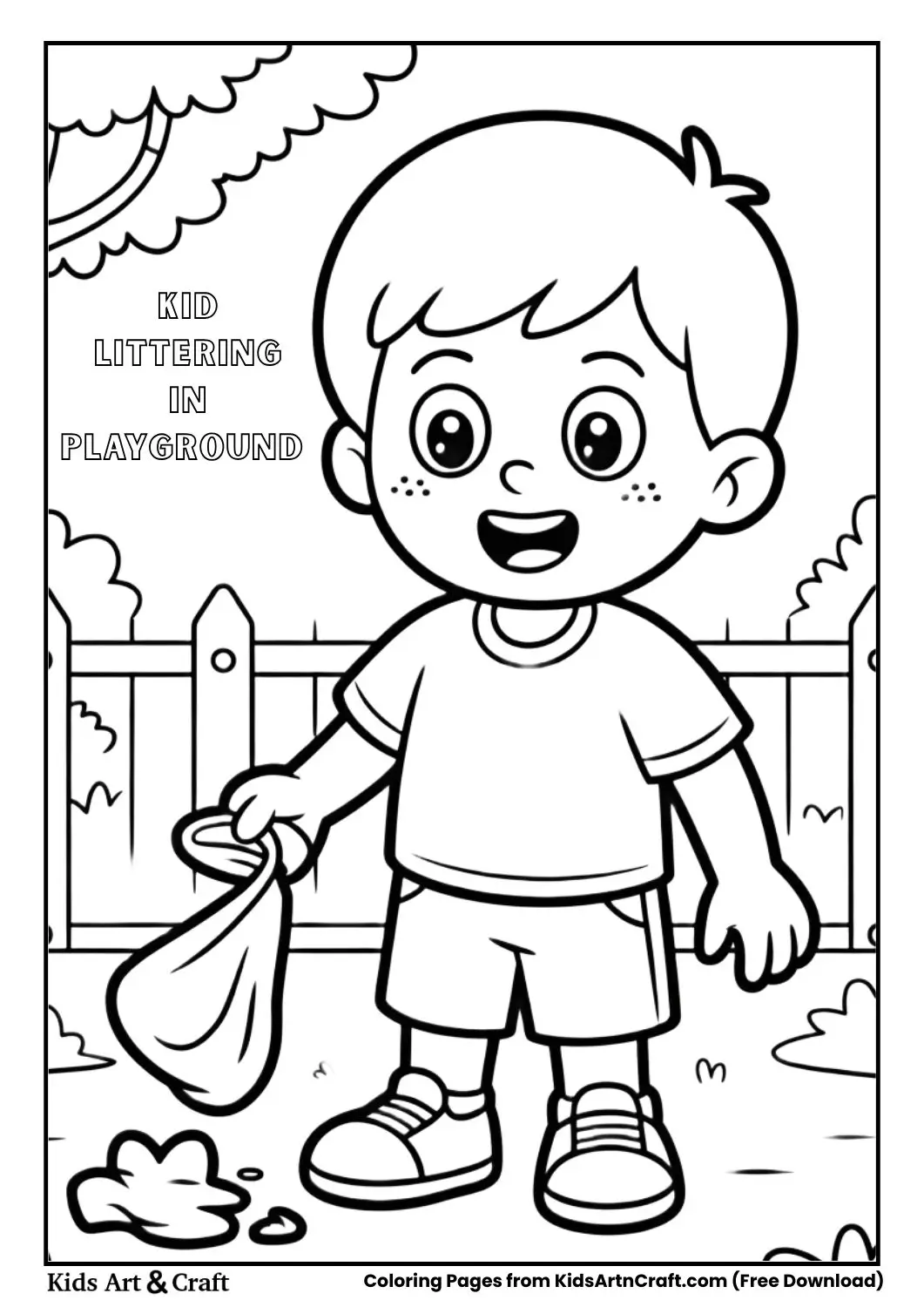 Child dropping trash in playground coloring page