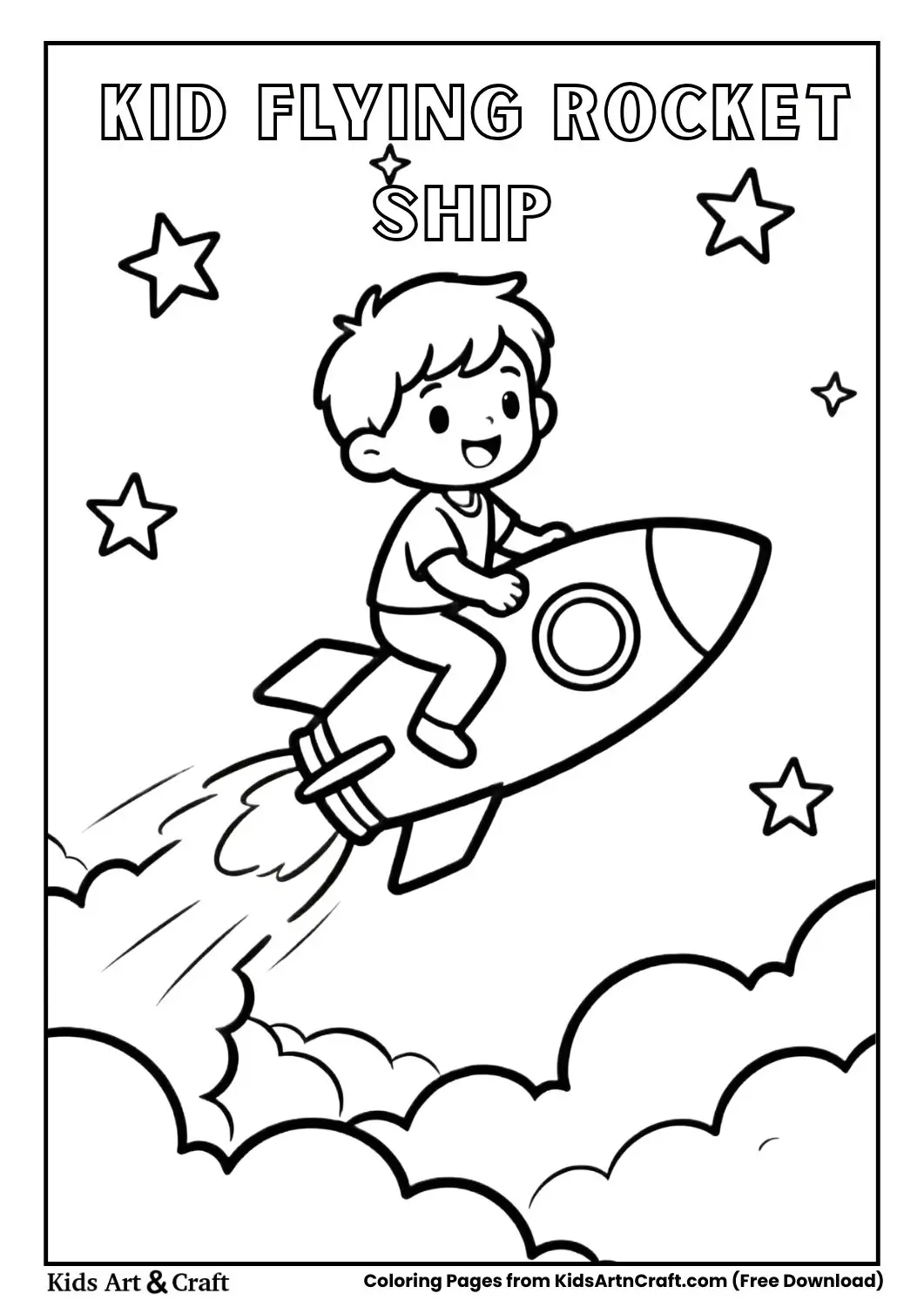 Kid flying a rocket ship through sky with stars and clouds coloring page.