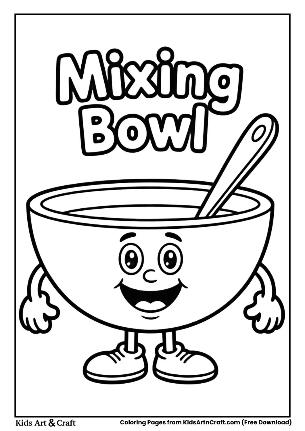 Cartoon mixing bowl black and white coloring page with the words MIXING BOWL on top