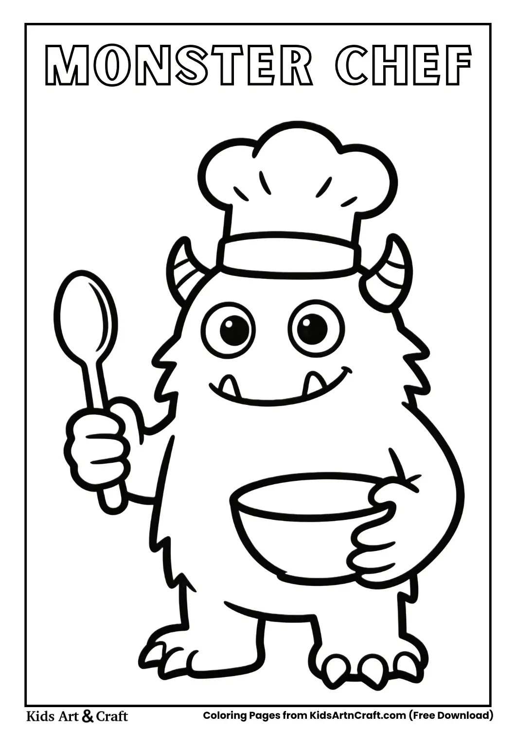 Happy monster chef holding spoon and bowl in line art