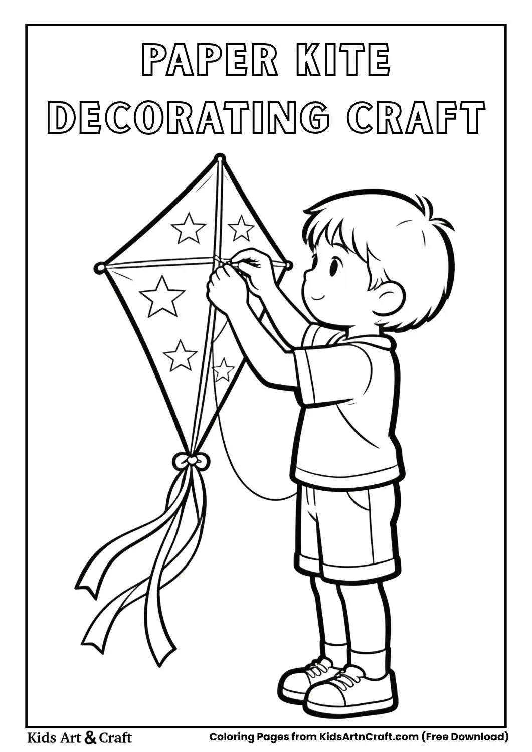 Simple black and white coloring page of child decorating a paper kite with stars and ribbons
