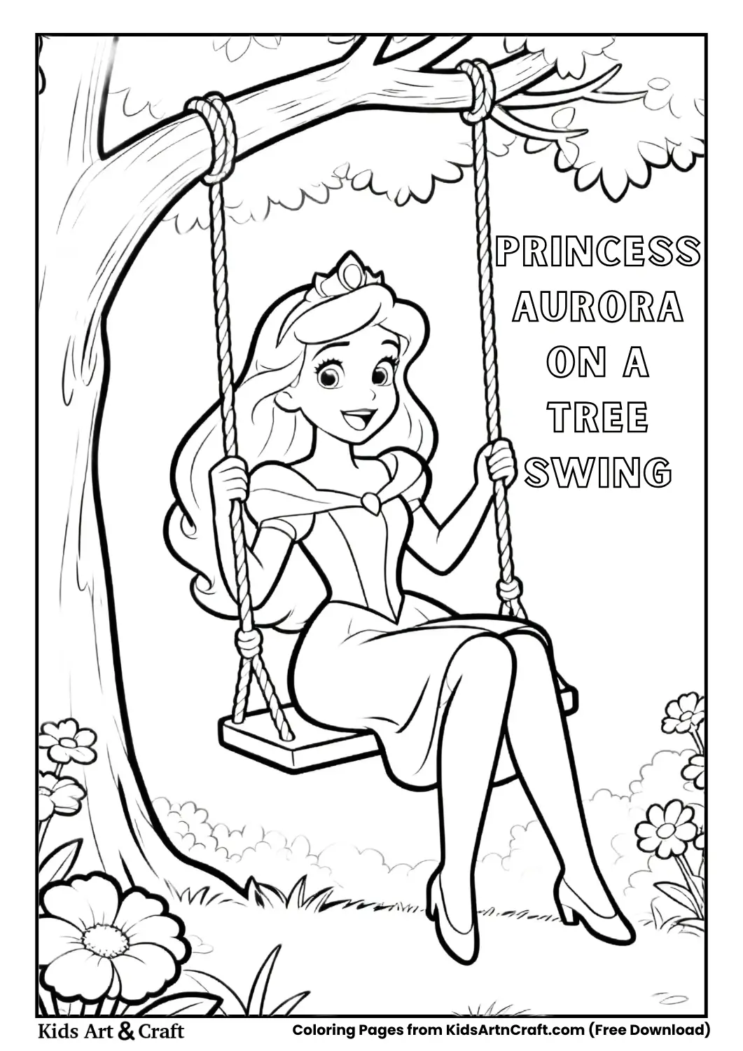 Princess Aurora sitting on tree swing coloring page
