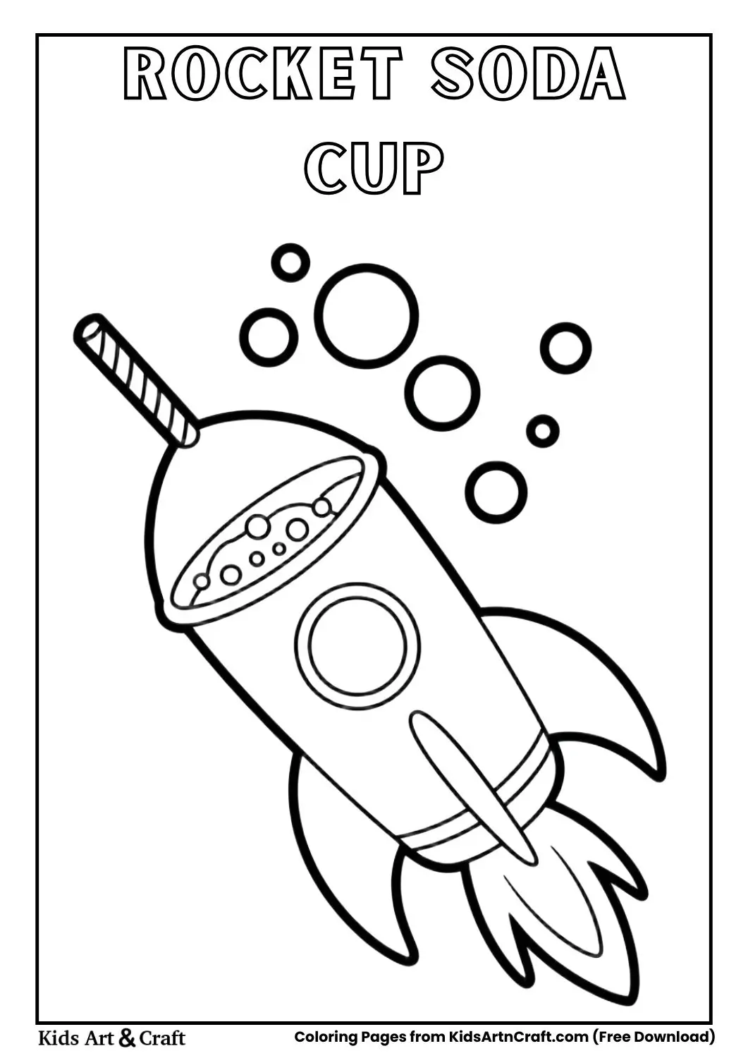 cartoon soda cup shaped like rocket blasting bubbles coloring page black and white