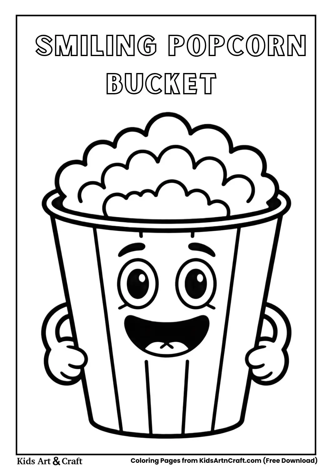 cute smiling popcorn bucket cartoon coloring page