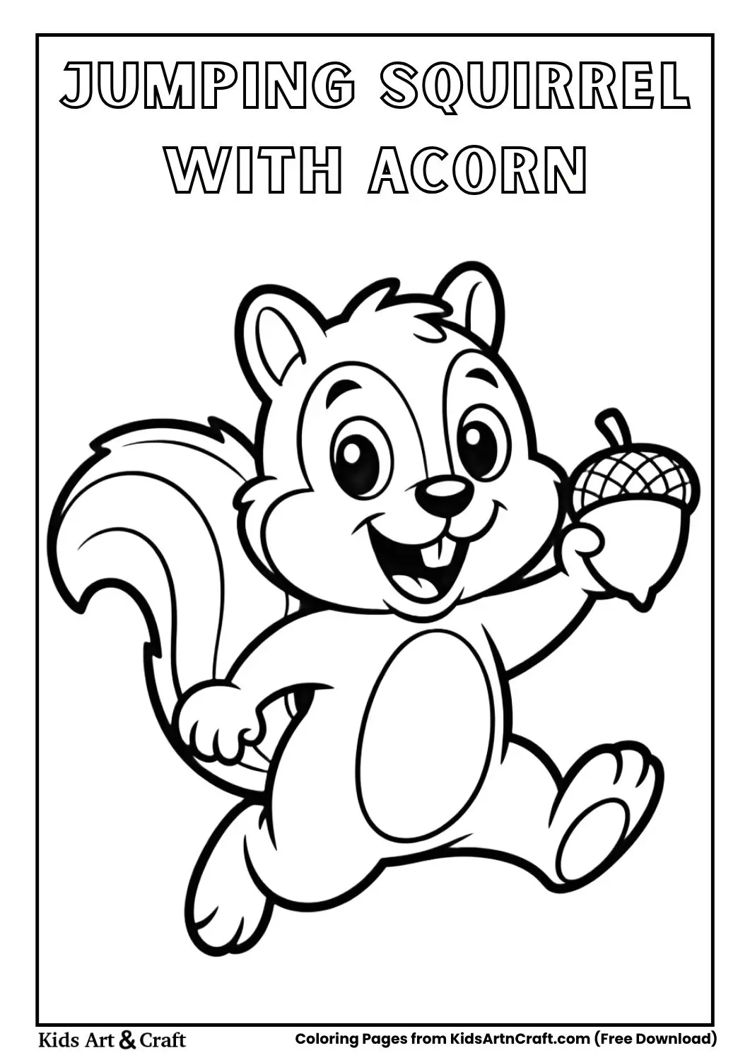 happy squirrel jumping while holding acorn coloring page