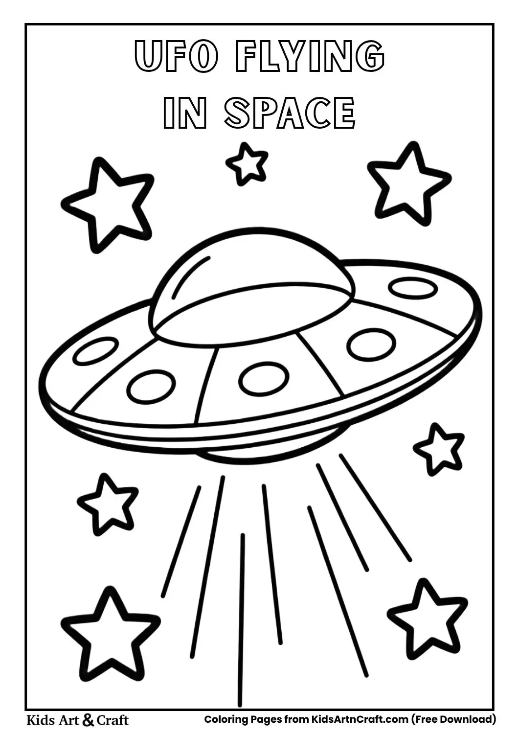 UFO flying in space black and white kids coloring page