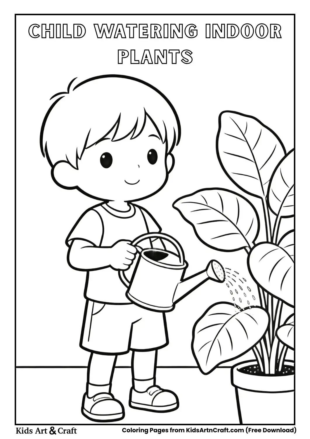 Child watering houseplants with watering can