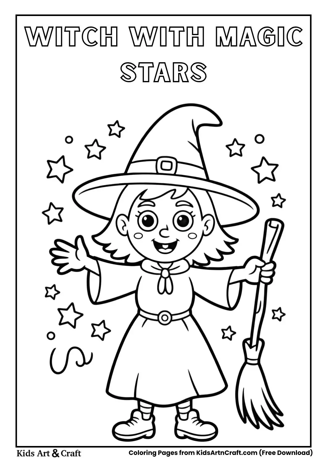 Cute witch casting magic stars coloring page