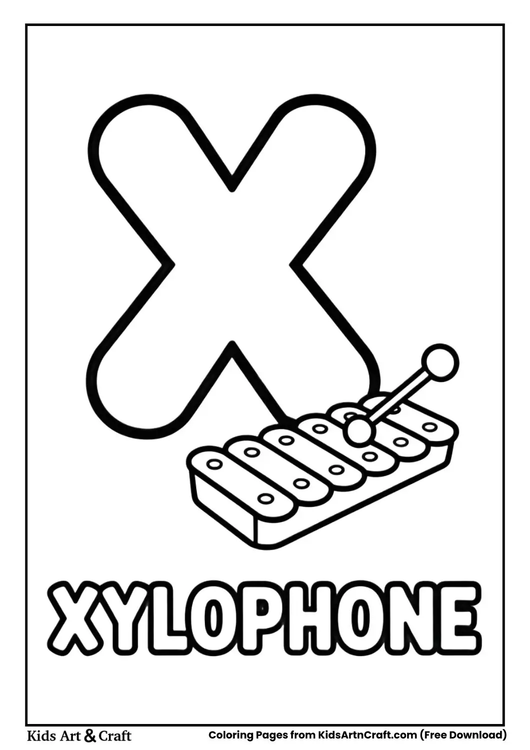 X for Xylophone coloring page with musical instrument