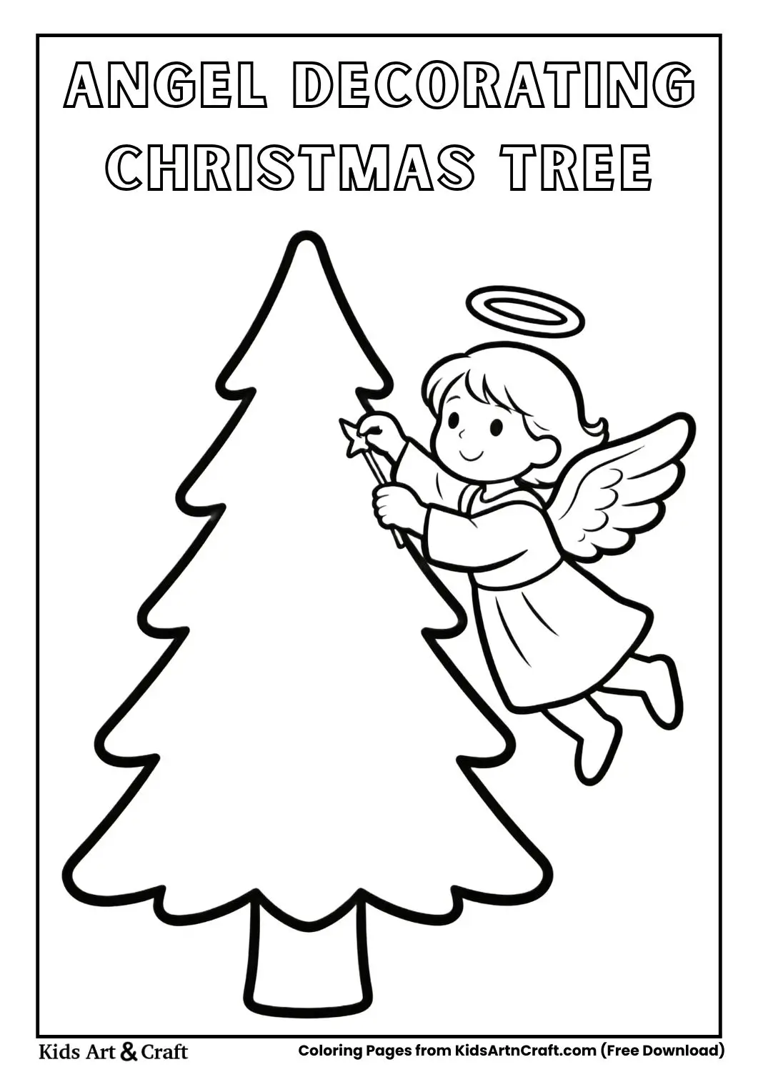 Angel decorating simple Christmas tree coloring sheet