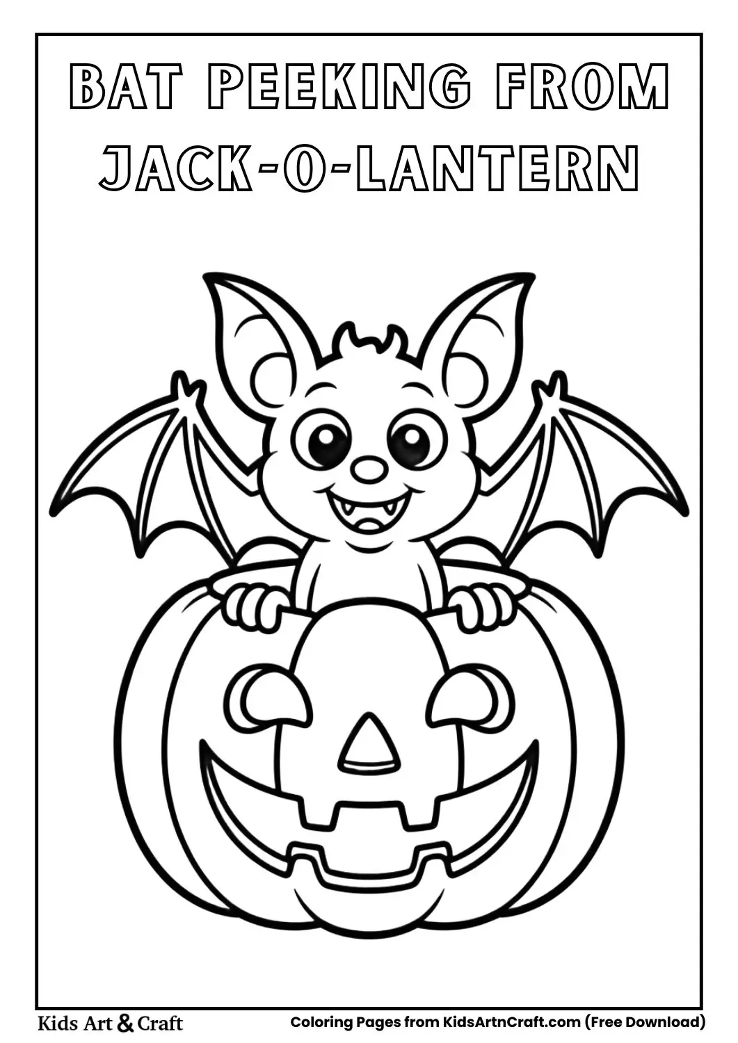 Bat peeking out of jack o lantern Halloween coloring page