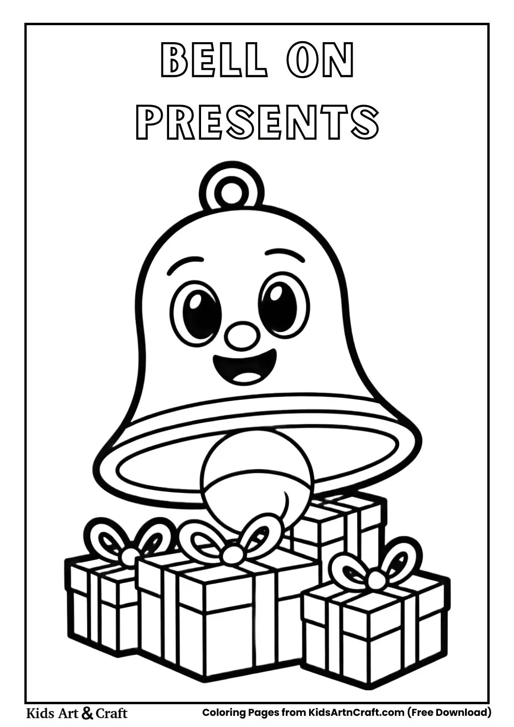 bell sitting on pile of presents black and white coloring page