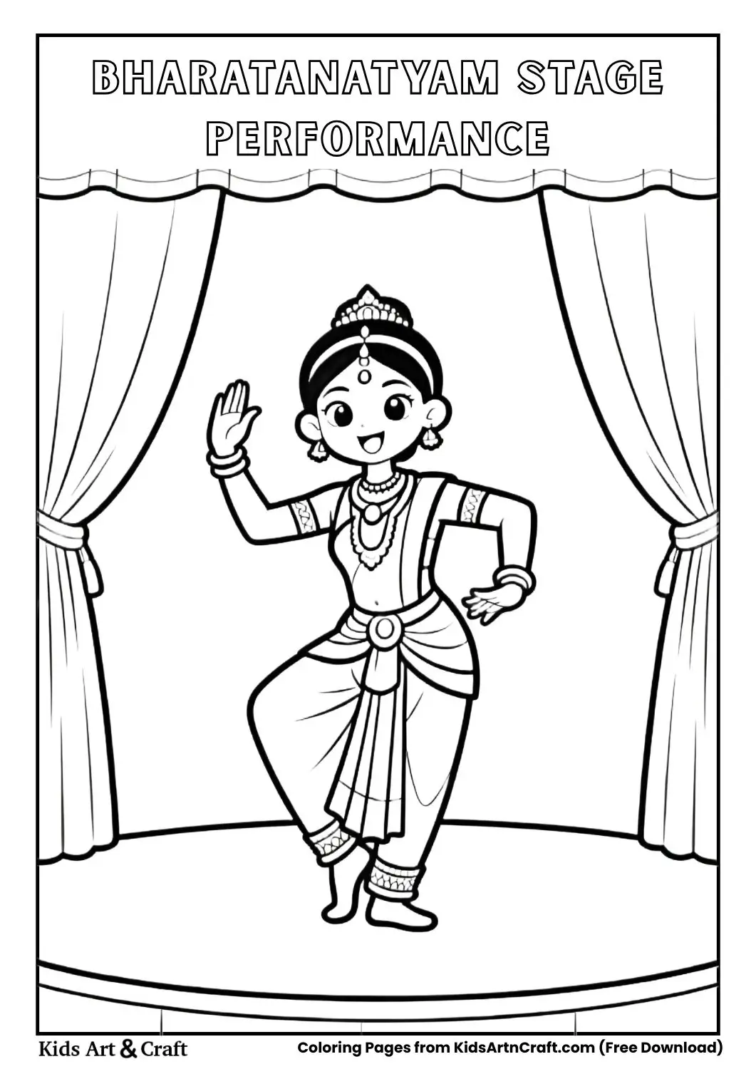 Bharatanatyam dancer performing on stage coloring page