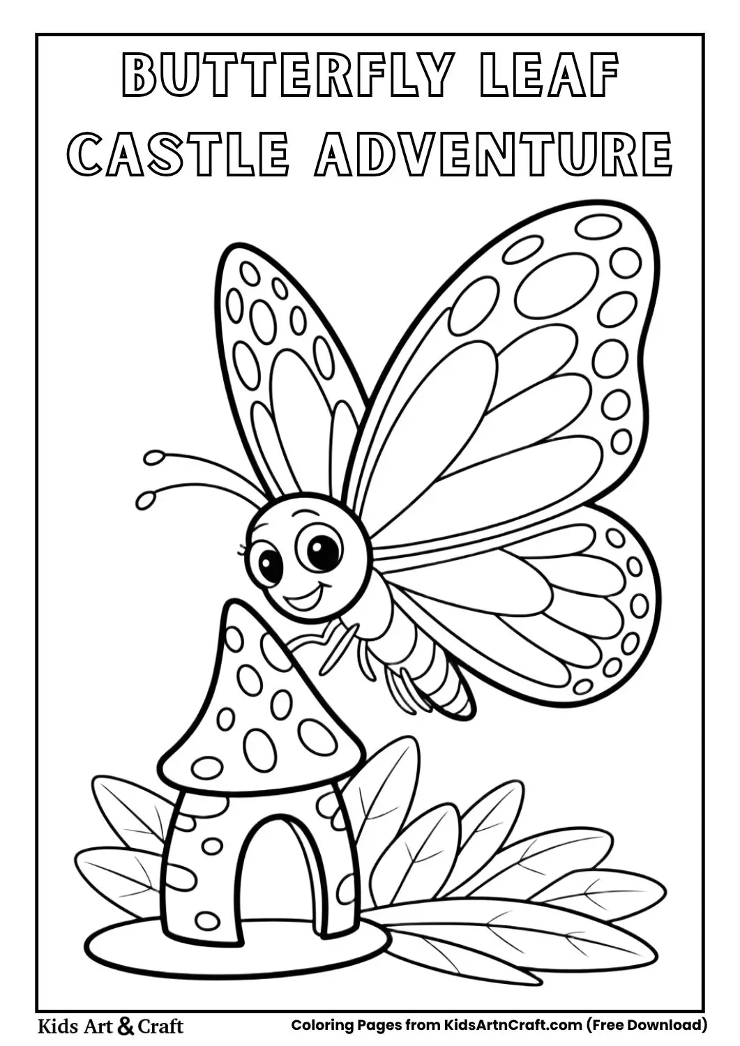 Cute butterfly discovering a leaf castle black and white coloring page for kids