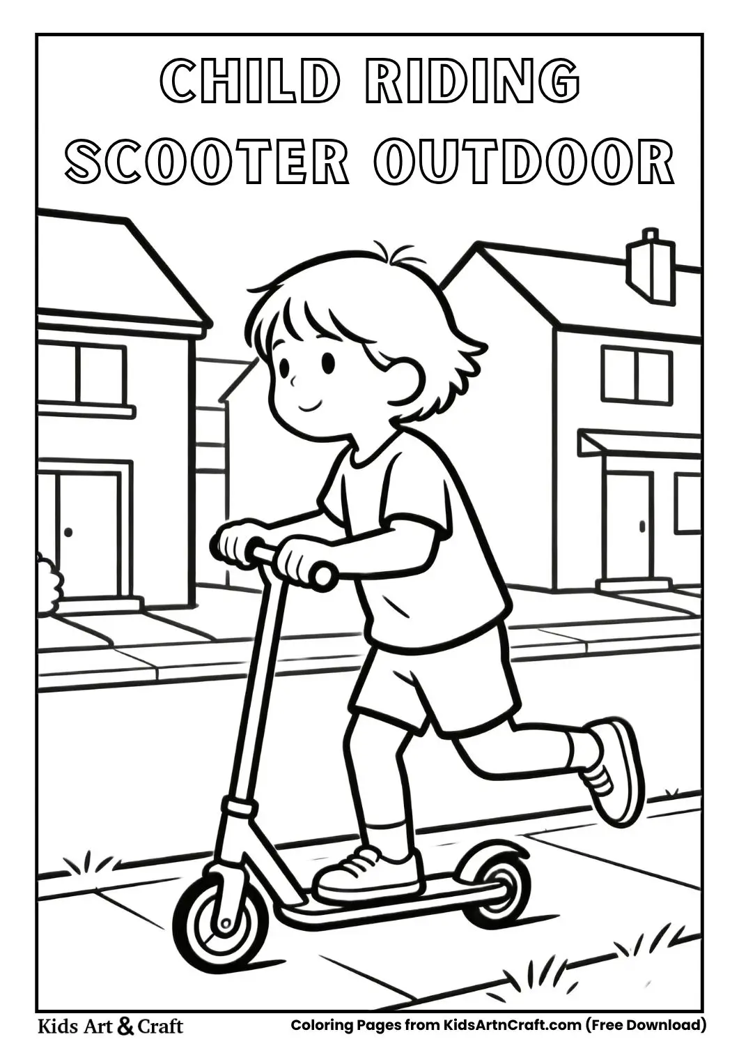 Simple black and white coloring page of a child riding a scooter