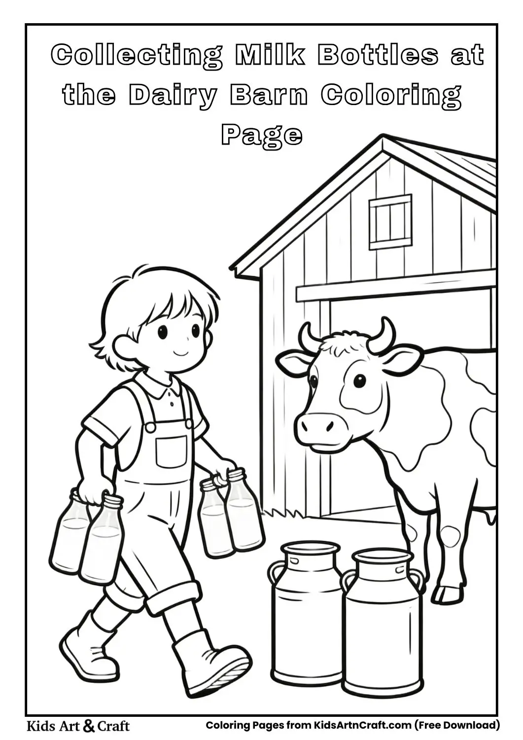Black and white coloring page of a child collecting milk bottles near a dairy barn.