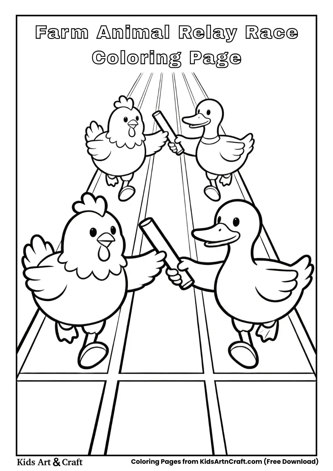 Chickens and ducks passing baton on simple track