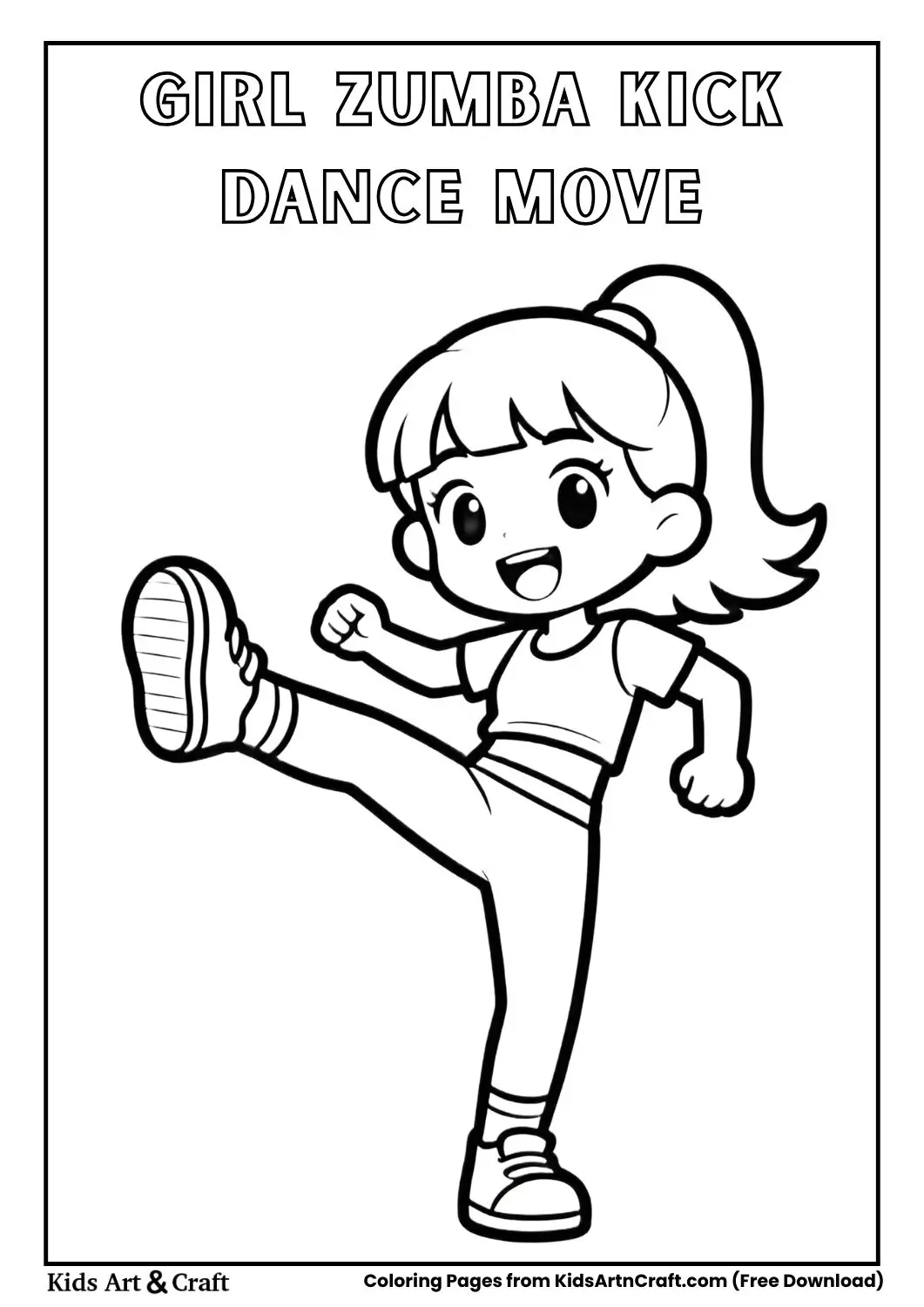 Girl performing Zumba leg kick dance move coloring page