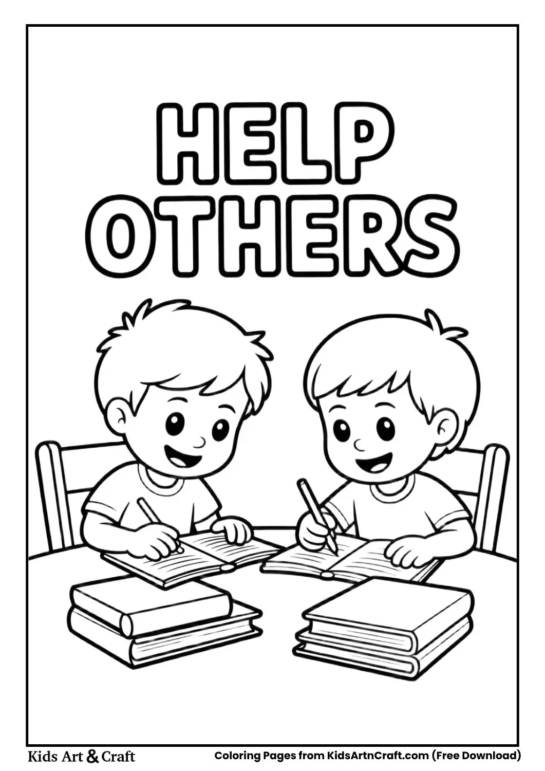 Child helping friend with homework coloring page