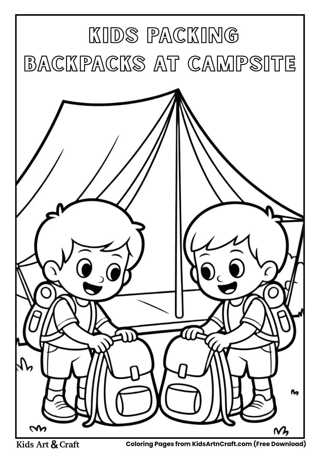 kids packing backpacks outside camping tent coloring page