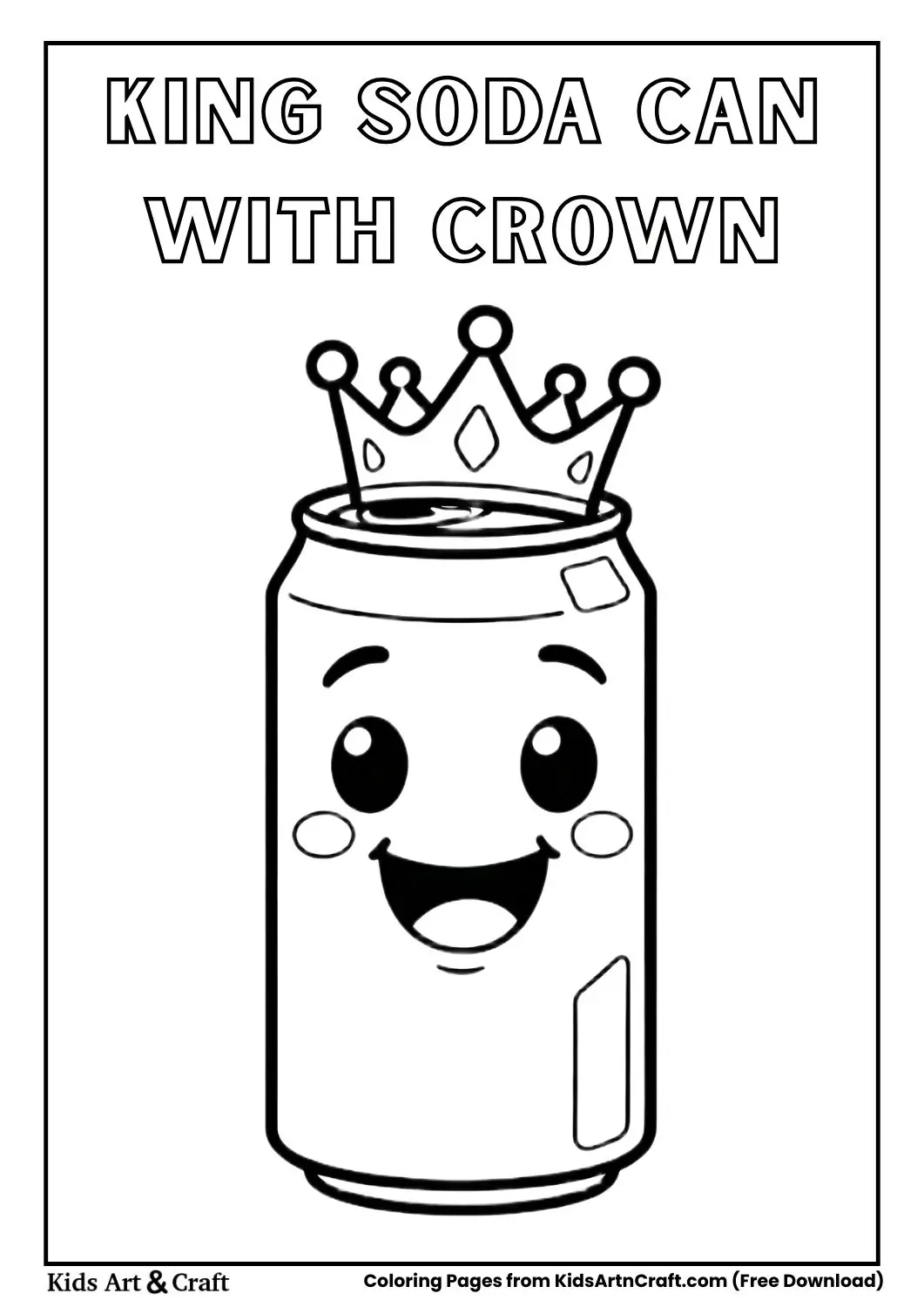 cartoon soda can wearing crown black and white coloring page for kids