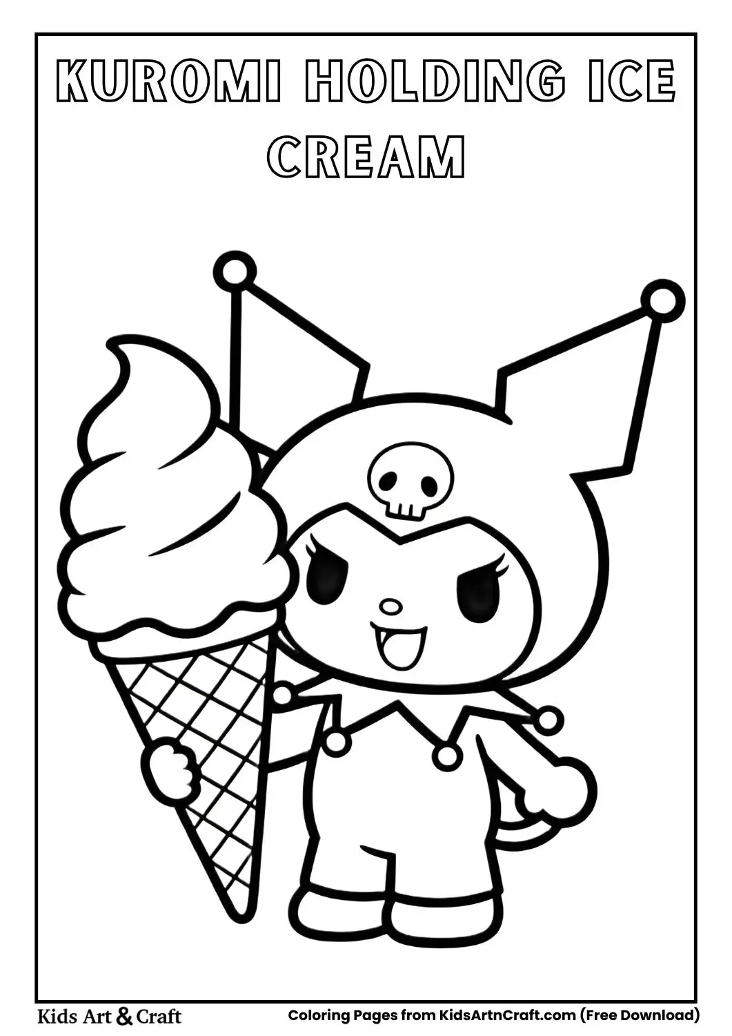 Kuromi holding a giant ice cream cone black and white coloring sheet