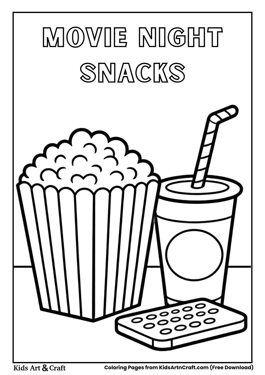 popcorn soda and remote movie night coloring page